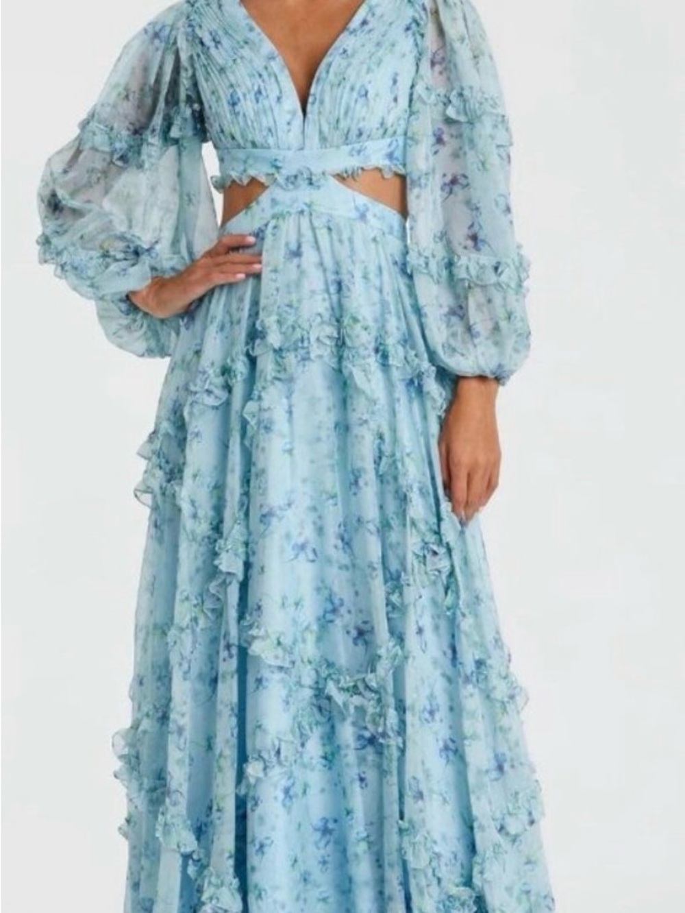 Mac Duggal Sky Blue Floral V-Neck Maxi Gown